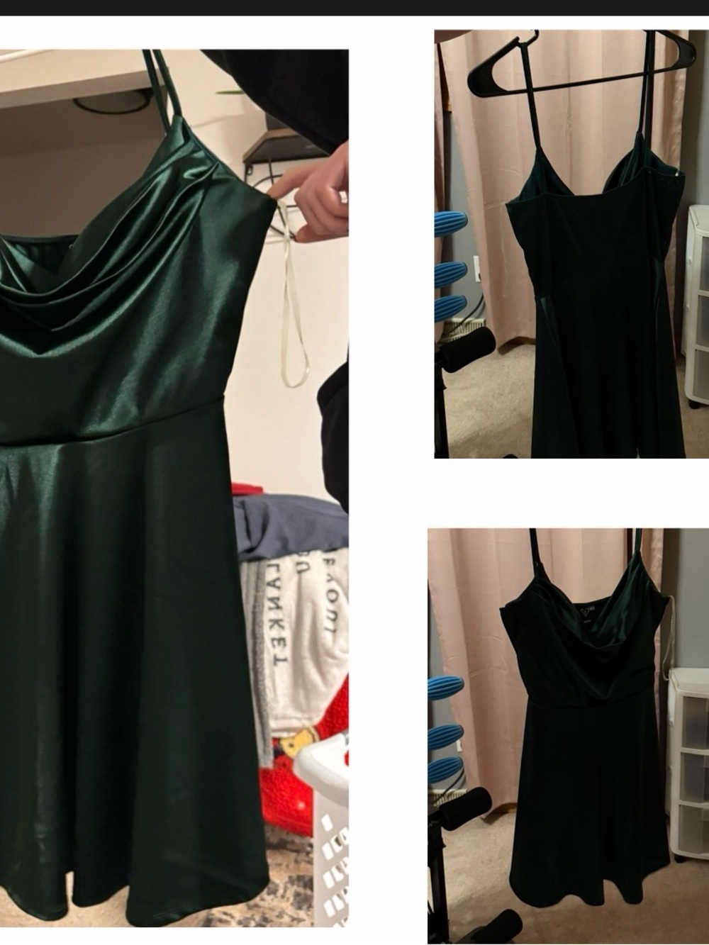 Satin Cowl Neck Spaghetti Strap Dress — Emerald Green